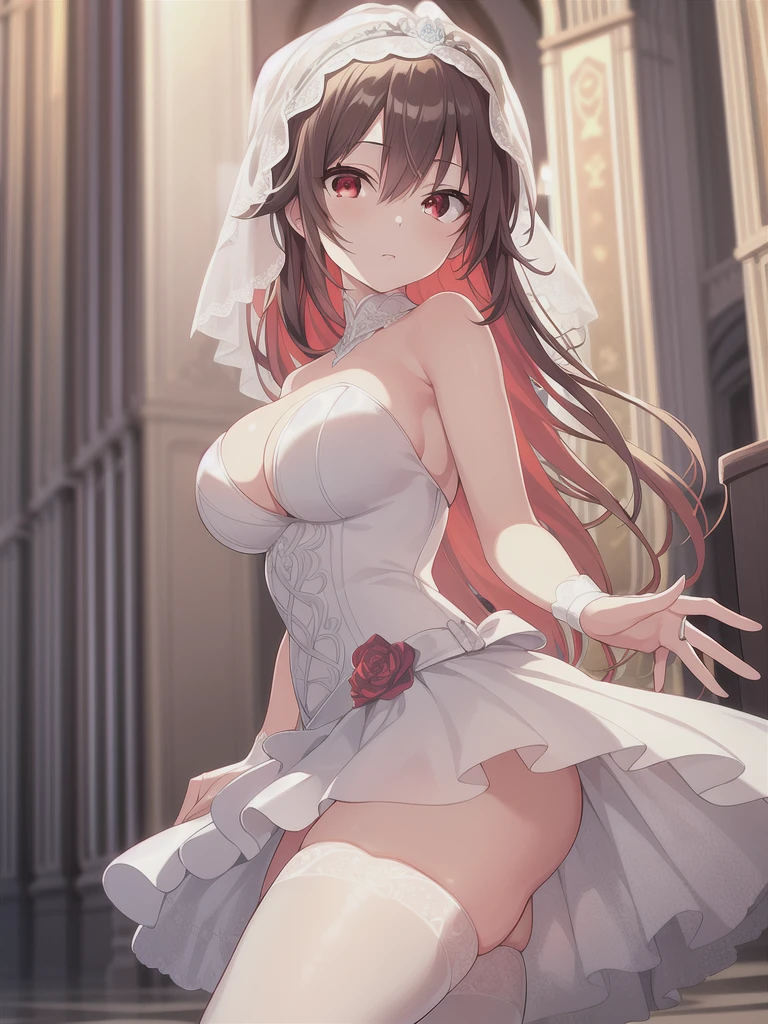 A girl,long hair, Bangs, Orange hair, Hair between the eyes, (Red eyes:1.5), (Large Breasts:1.2),
rest 锁骨, Wedding dress,veil,wedding,White dress,Flowers,Broken skirt,White socks,Tights,White knee socks,
looking at viewer, whole body,
indoors, church,Standing,Standing,
rest (masterpiece:1.2), best quality, high resolution, Unity 8k Wallpaper, (illustration:0.8), (Beautiful and delicate eyes:1.6), Extremely detailed face, Perfect lighting, Extremely detailed CG, (Perfect hands, Perfect anatomical structure),
