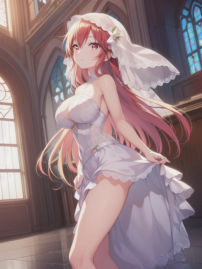 A girl，long hair, Bangs, Orange hair, Hair between the eyes, (Red eyes:1.5),  (Large Breasts:1.2), 
rest  锁骨, Wedding dress，veil，wedding，White dress，Flowers，Broken skirt，White socks，Tights，White knee socks，
looking at viewer, whole body,
indoors, church，Standing，Standing，
rest (masterpiece:1.2), best quality, high resolution, Unity 8k Wallpaper, (illustration:0.8), (Beautiful and delicate eyes:1.6), Extremely detailed face, Perfect lighting, Extremely detailed CG, (Perfect hands, Perfect anatomical structure),