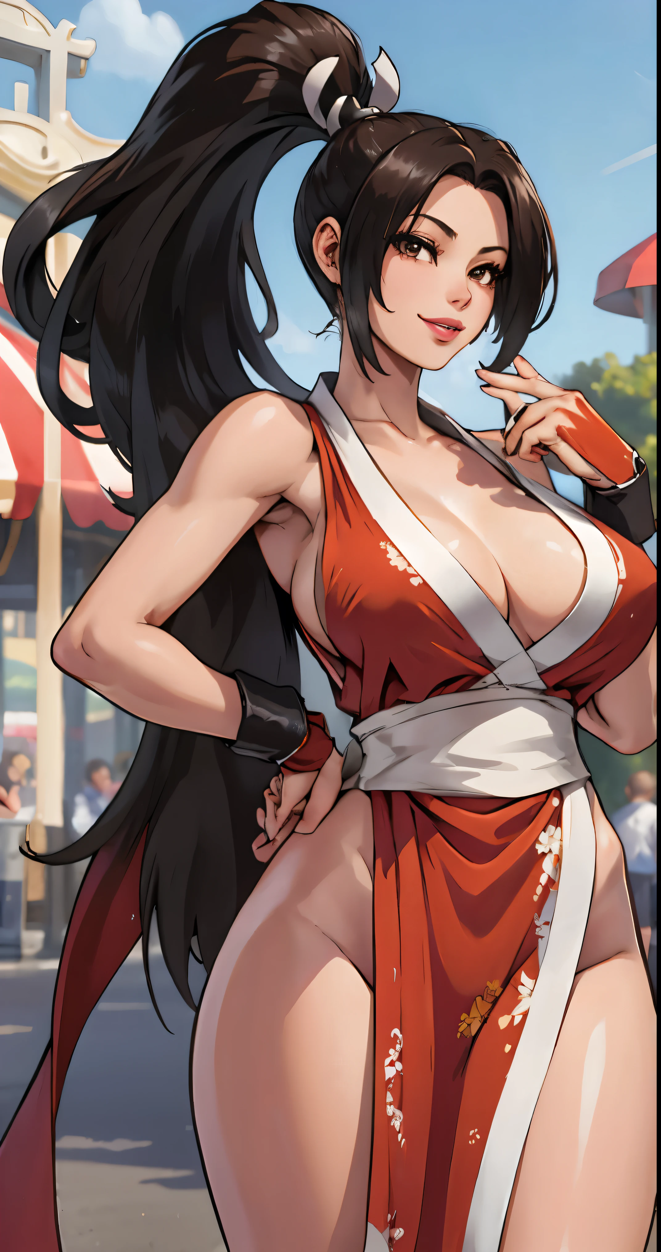 (Mai Shiranui), she is showing her side, She's on her side for the viewer,__body parts__, official art, 8k unit wallpaper, ultra detailed, beautiful, masterpiece, Super fine photo, high quality, super tall resolution, photorealistic, sunlight, smile, elegant dress, jewelry, in Birthday Party, amusement park, beautiful, highly detailed skin, realistic skin details, visible pores, sharp focus, digital SLR camera,