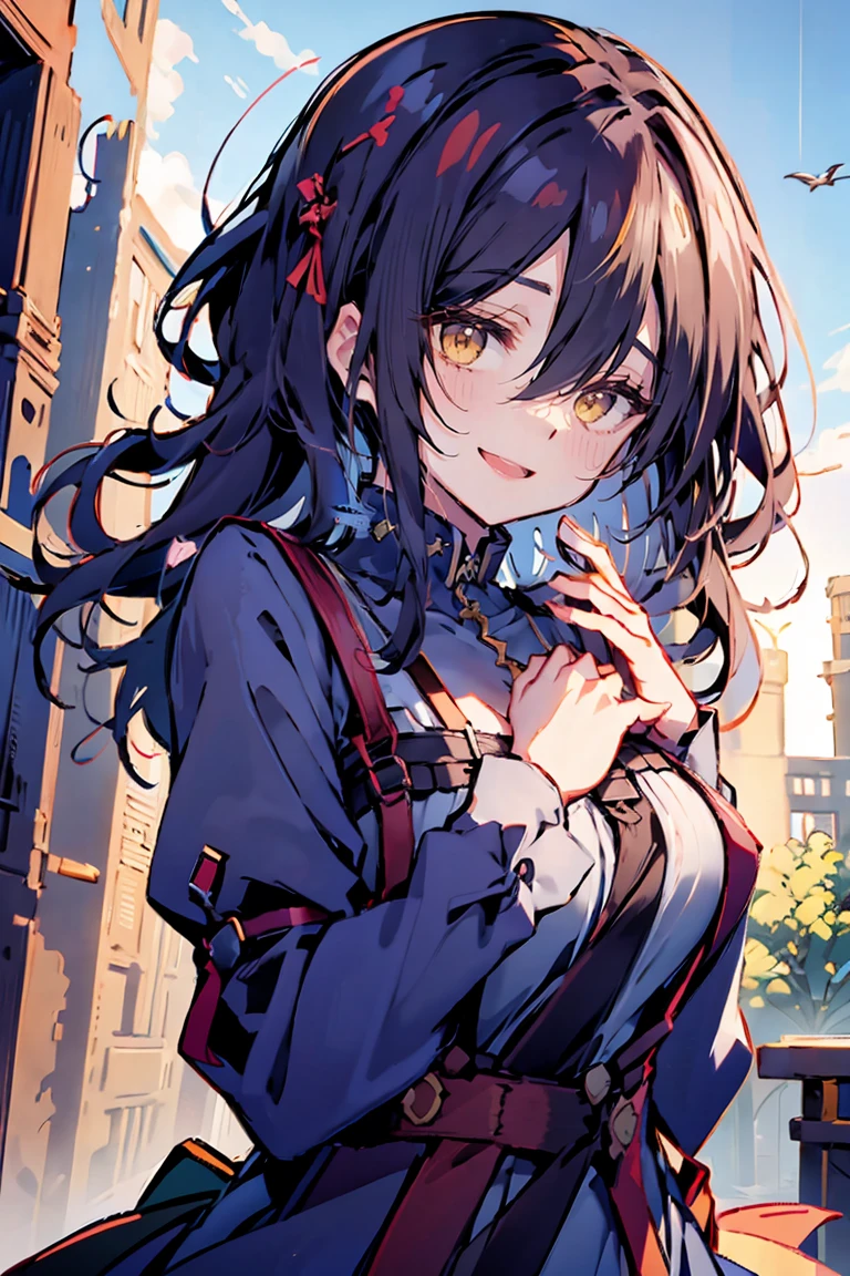 (masterpiece:1.2), (high quality:1.2), (hui xiyi:0.7), rekkyo sensen, rekkyou sensen, girls with((black hair, tits cleavage, (waving is hands:1.2), breasts close up, (suspenders:1.2), (dress:1.1), (blue clothes:1.2), (belts:0.7), frills shirt, (white knit sweater:0.8), camisole, exposed breasts, straps, ribbon, upper body, (long wavy hair:1.2), one side up, nun, long sleeves, perfect hands, (five fingers:1.2))), background with(((fantasy world:1.1), ruin, (castle:1.2), beautiful sky, shining sky, sunshine))