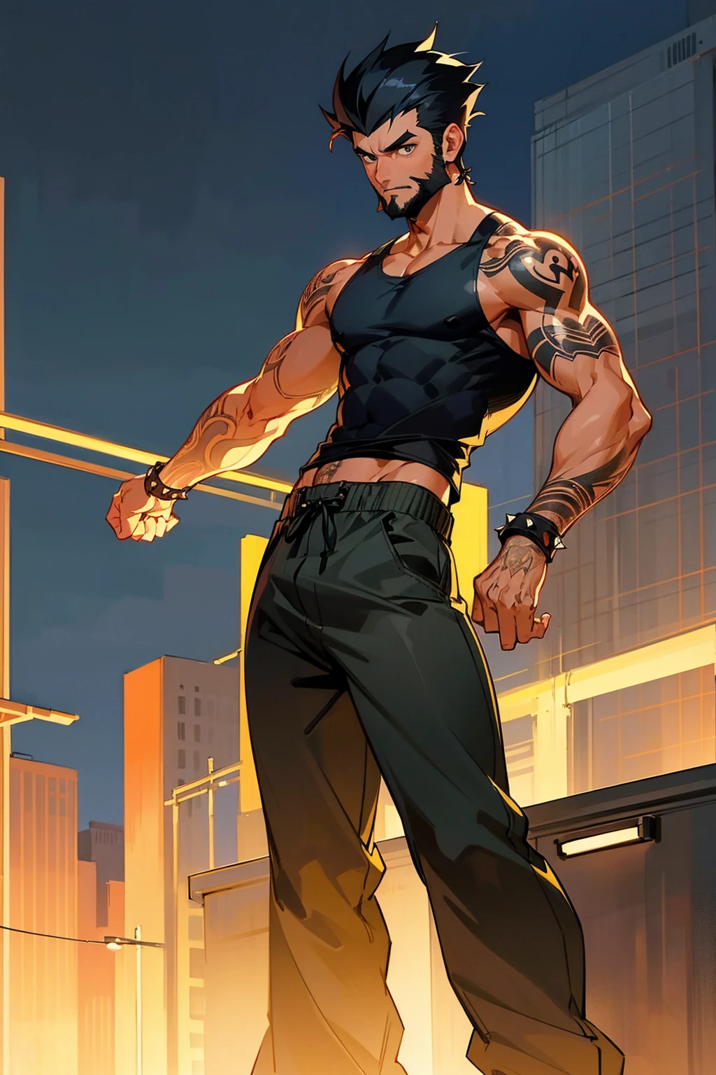 1male, tan skin, black hair, short spiked hair, black beard, full arm tattoos, baggy tanktop, blank pants, arms crossing, expressionless, city background, detailed background, standing on path