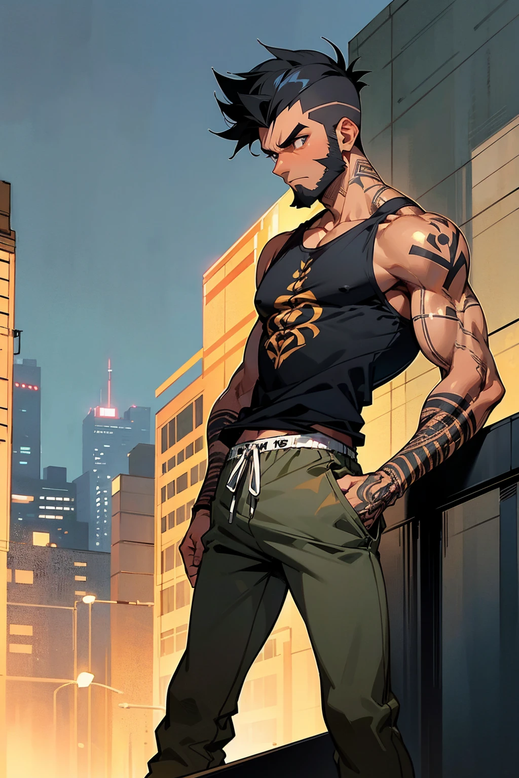 1male, tan skin, black hair, short spiked hair, black beard, full arm tattoos, baggy tanktop, blank pants, arms crossing, expressionless, city background, detailed background, standing on path