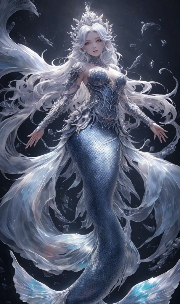 Meisterwerk, best quality, Full body shot (Head and feet in the frame)(High-precision drawing down to the smallest detail)(extremely precise representation)a stunningly beautiful young mermaid with legs, aber auch mit transparenten Flossen, (very athletic body), bekleidet mit transparenten stoff mit Muschel- und Perlenschmuck, nicely distributed scales, trifft auf chtulhu (alter Gott aus Necronomicon) nachts unter Wasser, fit, small breasts, zerfallener tempel im Hintergrund, sehr detailiert, lebendiges Aussehen, kreatives Verhalten, extrem detailliert, einfallsreich, sinnlich, spontan, highest quality, Hauttextur, komplizierte Details, (filmische Beleuchtung), RAW-Foto, 8k, Meisterwerk, best quality, ultra detailliert, sehr detaillierte Bilder, extrem detailliert, komplizierte Details, highres, super komplexe Details, extrem detailliertes 8k CG-Hintergrundbild, Anime-Serie, cgi, teuflisch, erschreckend, dynamische Beleuchtung