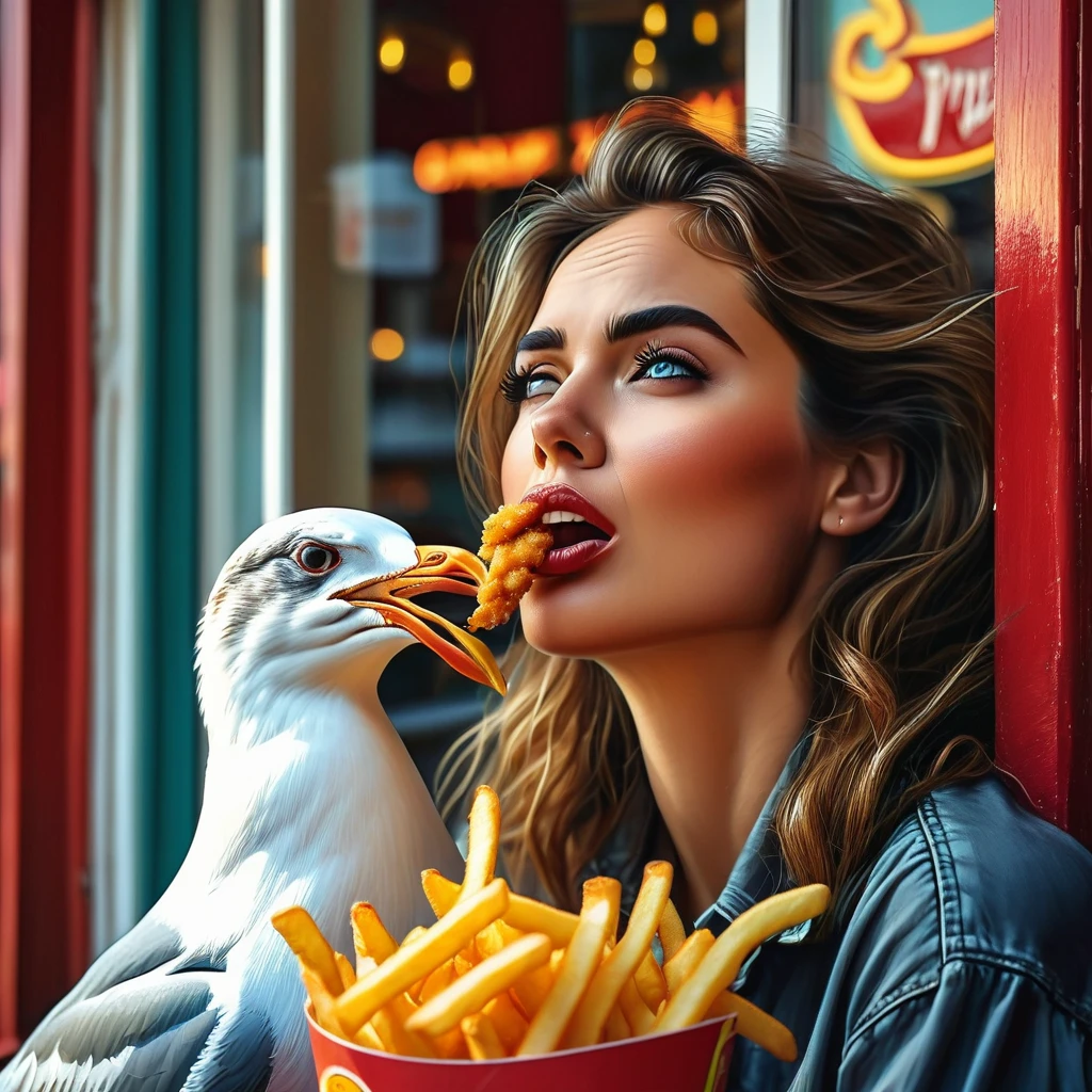 a woman sitting by a window eating french fries, (seagull outside the window looking upset:1.5), seaside burger shop, detailed realistic oil painting, beautiful detailed eyes, beautiful detailed lips, extremely detailed eyes and face, long eyelashes, photorealistic, 8k, masterpiece, highly detailed, vivid colors, warm lighting, cozy atmosphere, beautiful scenery, dramatic sky, realistic textures, intricate details, cinematic composition, Leonardo style