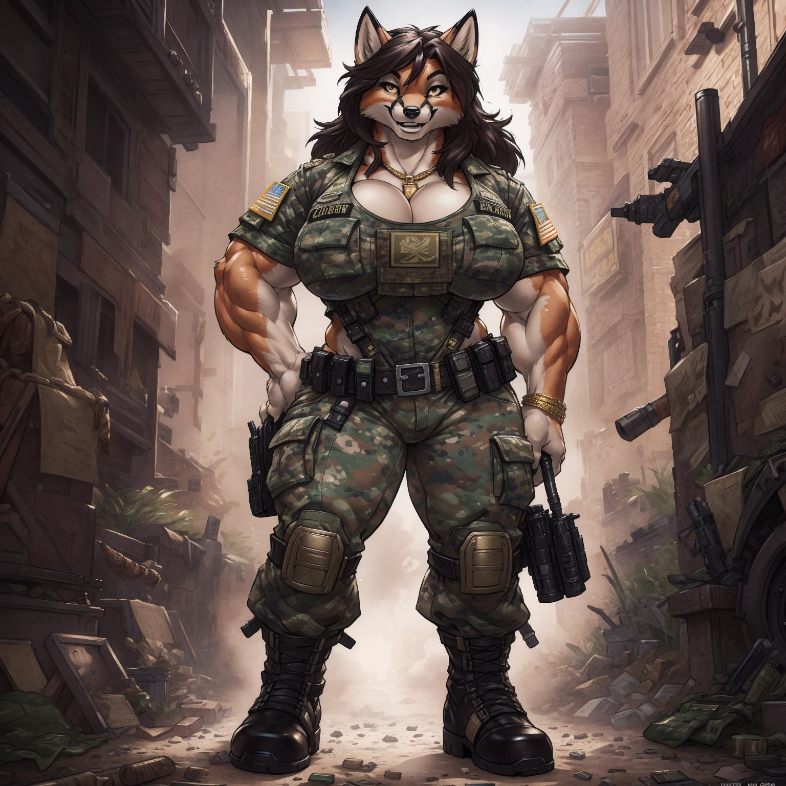 solo, 1girl, fox, female, broad shoulders, buff, muscular, huge breasts, gold eyes, highly detailed eyes, Amazon, wearing camouflage_uniform, (urban uniform:1.2), military camp, rolled sleeves, shirt, trousers, cleavage, standing upright, combat boots, full body, smiling, friendly, looking at viewer, realistic lighting, by darkgem, by wfa, by gideon,