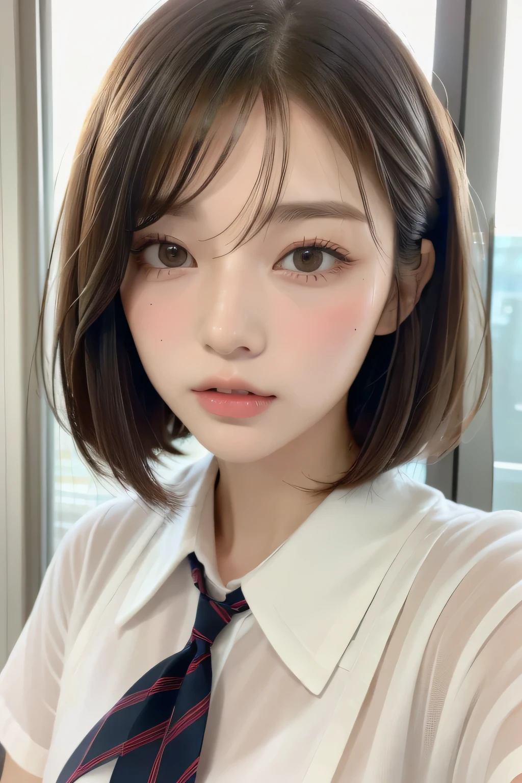 (Highest quality:1.3)、(Masterpiece:1.4)、Raw photo、8k、(Highest Resolution)、(Highest quality)、high resolution、(from the front)、Beautiful face in every detail、Realistic human skin、(Long bob hair:1.3)、(Straight Hair)、(Low hair volume:1.3)、Shirahime cut hairstyle、(Young and pretty Asian face), (Beautiful Asian Girl),((Ulzzang))、(Her eyes are big)、Attractive woman、(Attractive lips)、The corners of the mouth rise、(With bangs))、(No makeup)、Beautiful Hair、(Blushing:1.17)、(Japanese high school girls)、(Schoolgirl uniform)、、(JK Ribbon)、A bow tie、I want to kiss、(I want you to kiss me)、The Temptation of Kissing、Bedroom、bed、((window))