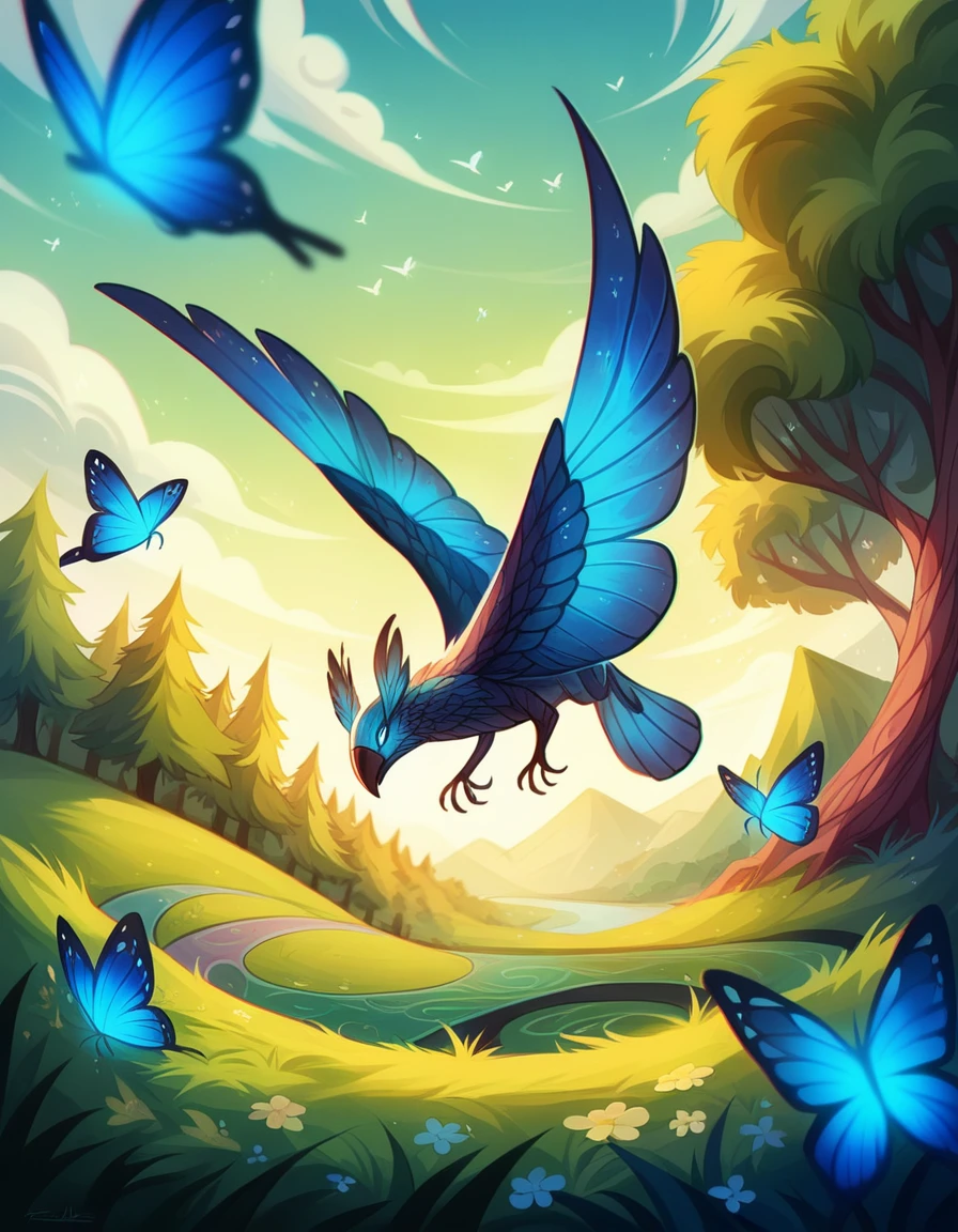 masterpiece, best quality, high quality, Very detailed cg unity 8k wallpaper, An extremely colorful and pure fantasy environment，Vibrant hues and bright skies, Bright green grass landscape, colorful trees, Sparkling fruit, and bright blue flowers. The stream is dark blue, The air is filled with a sweet exotic scent. The environment seems to have come out of a dream., Glowing butterflies and colorful birds flying around, Award-winning photography, Bokeh, Depth of Field, high dynamic range, Bloom, Chromatic Aberration ,Realistic,Very detailed, Hot topics on artstation, cgsocial trends, Wheels within wheels, high detail, Dramatic, midjourney&#39;s Artwork
