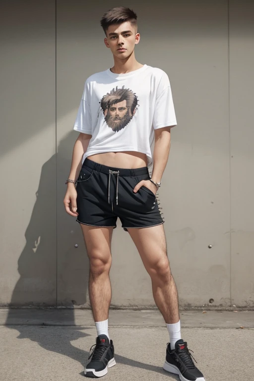 a young man having long legs, thick thighs, large hips, thin and narrow weist, big large feminine breasts, large male reproductive organs, t shirt and shorts, very small spikey boyish haircut, man , wide hips, bearded man, man,penis bulge , full body 