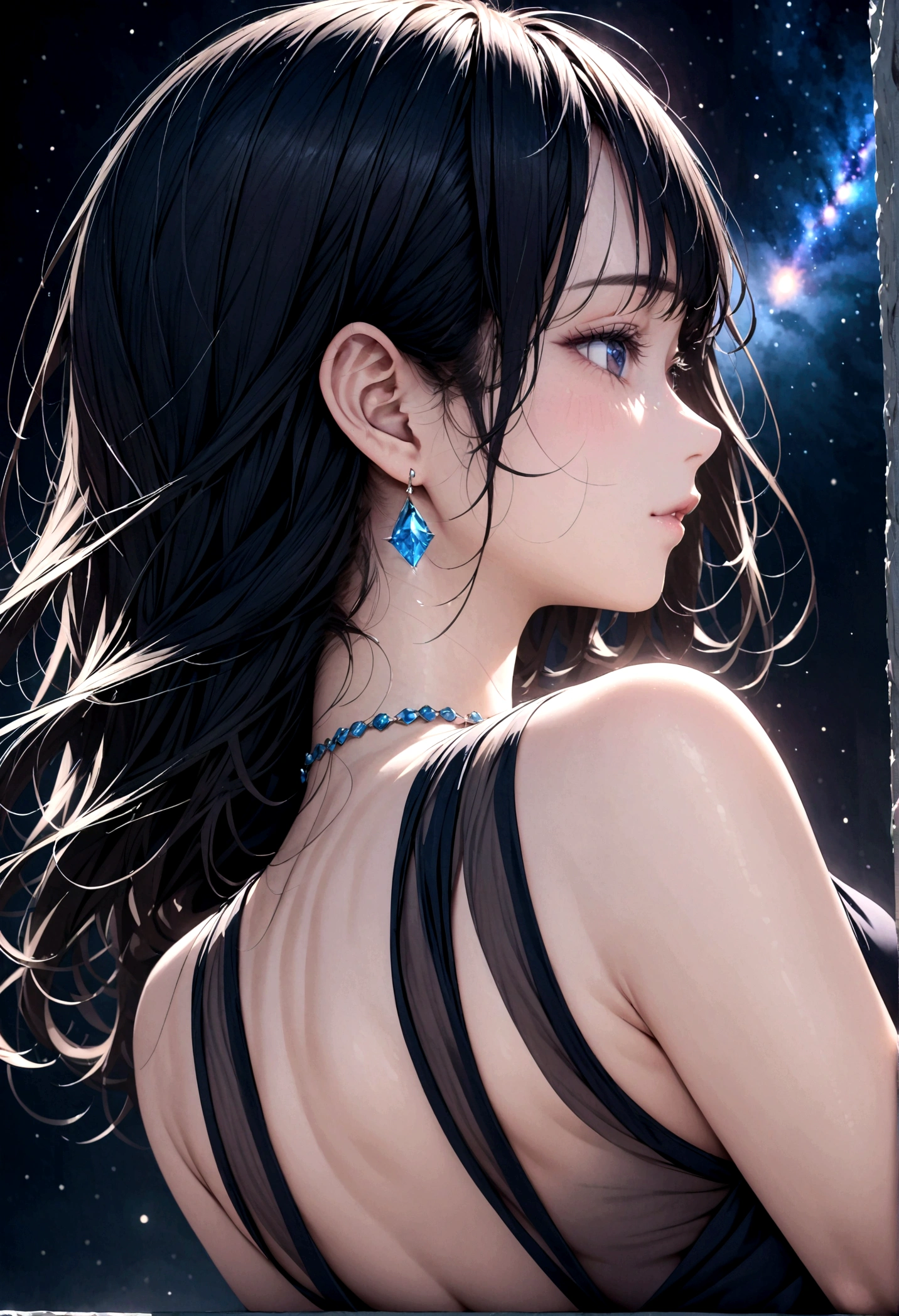 8k, masterpiece, RAW Photos, Highest quality, Realistic, Very detailed, Depth of written boundary, Cinematic Light, Anatomically correct body,
(One elegant beautiful mature woman:1.2), Wavy black long hair, Very beautiful face, Exquisitely detailed face, Goddess-like deity々Beautiful,
Glamorous Body, Very sensitive skin, Transparent white skin, Sexy thighs, Beautiful back,
See-through high slit dress, Detailed cloth texture, Gorgeous necklace, Gorgeous earrings,
Dark starry background, Milky Way Galaxy, Meteors, Dark coastline at night, Pitch black sea surface,
Low angle shot,