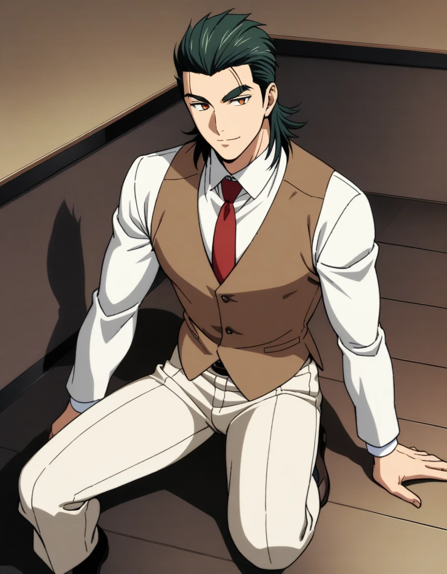 1guy, vice principal, middle mullet hairstyle, dark-green hair, slicked back, copper-colored eyes, middle-thick eyebrows, square-shaped head, handsome, ikemen, ordinary, middle-muscular, forehead, BREAK solo, fomal beige three-piece suit, brown vest, red tie, white collared shirt, soft smile, fullbody, in bible black style, elegant quality, 2000s, extreme all detailed, masterpiece, best quality