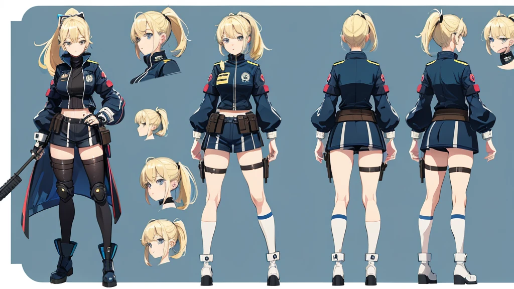 police girl ,blonde hair,ponytail,blue eye,character design sheet, character turnaround, character in different poses