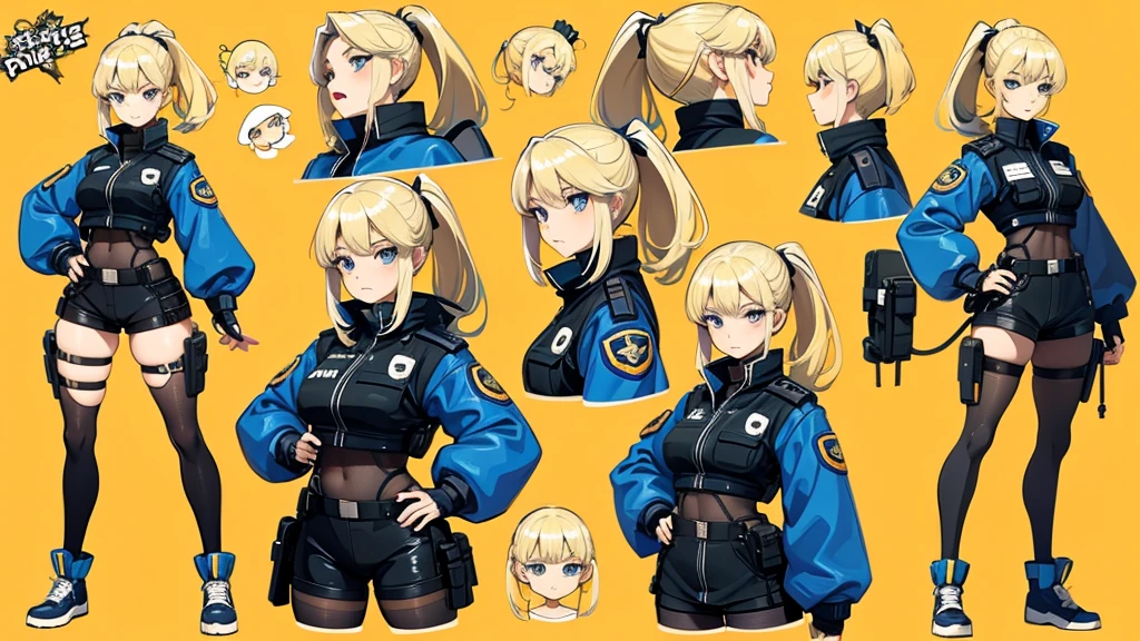 police girl ,blonde hair,ponytail,blue eye,character design sheet, character turnaround, character in different poses