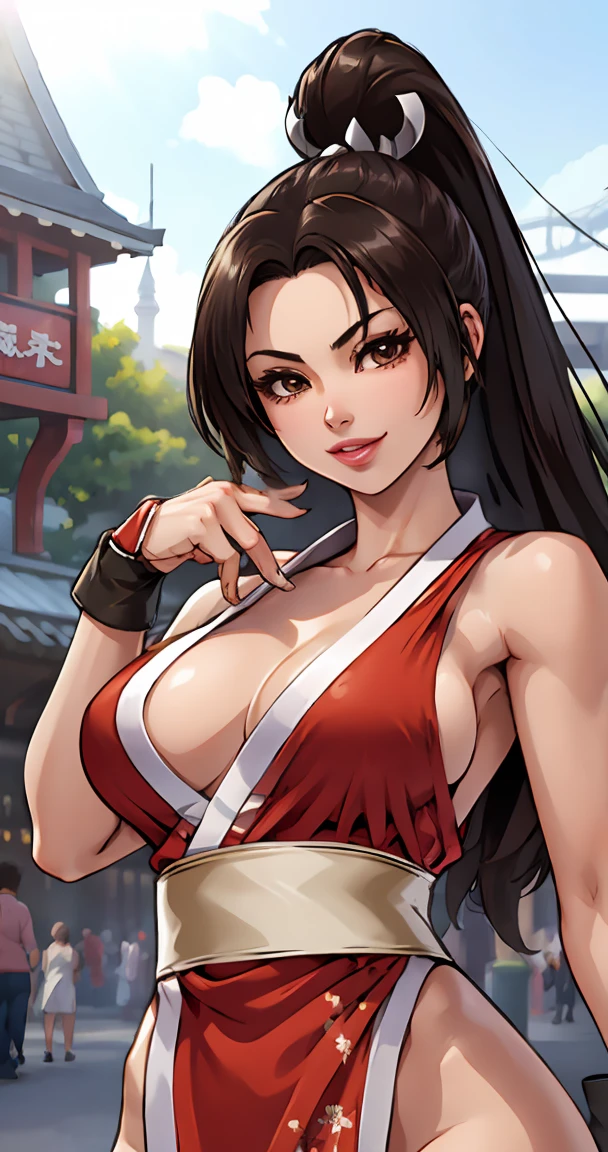 (Mai Shiranui), she is showing her side, She's on her side for the viewer,__body parts__, official art, 8k unit wallpaper, ultra detailed, beautiful, masterpiece, Super fine photo, high quality, super tall resolution, photorealistic, sunlight, smile, elegant dress, jewelry, in Birthday Party, amusement park, beautiful, highly detailed skin, realistic skin details, visible pores, sharp focus, digital SLR camera,