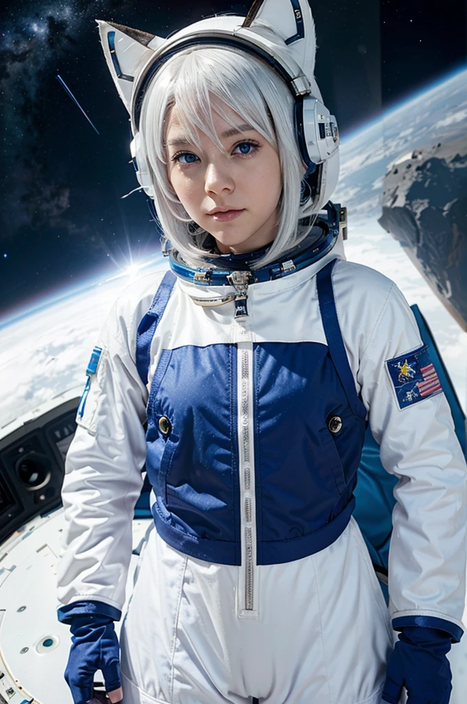 Cute anime girl with white hair and Blue eyes wearing astronaut suit on space with so many planet, nebula and comet on the background her suit was white with cute things like cat ears on the helmet and her cat was with her wearing astronaut suit