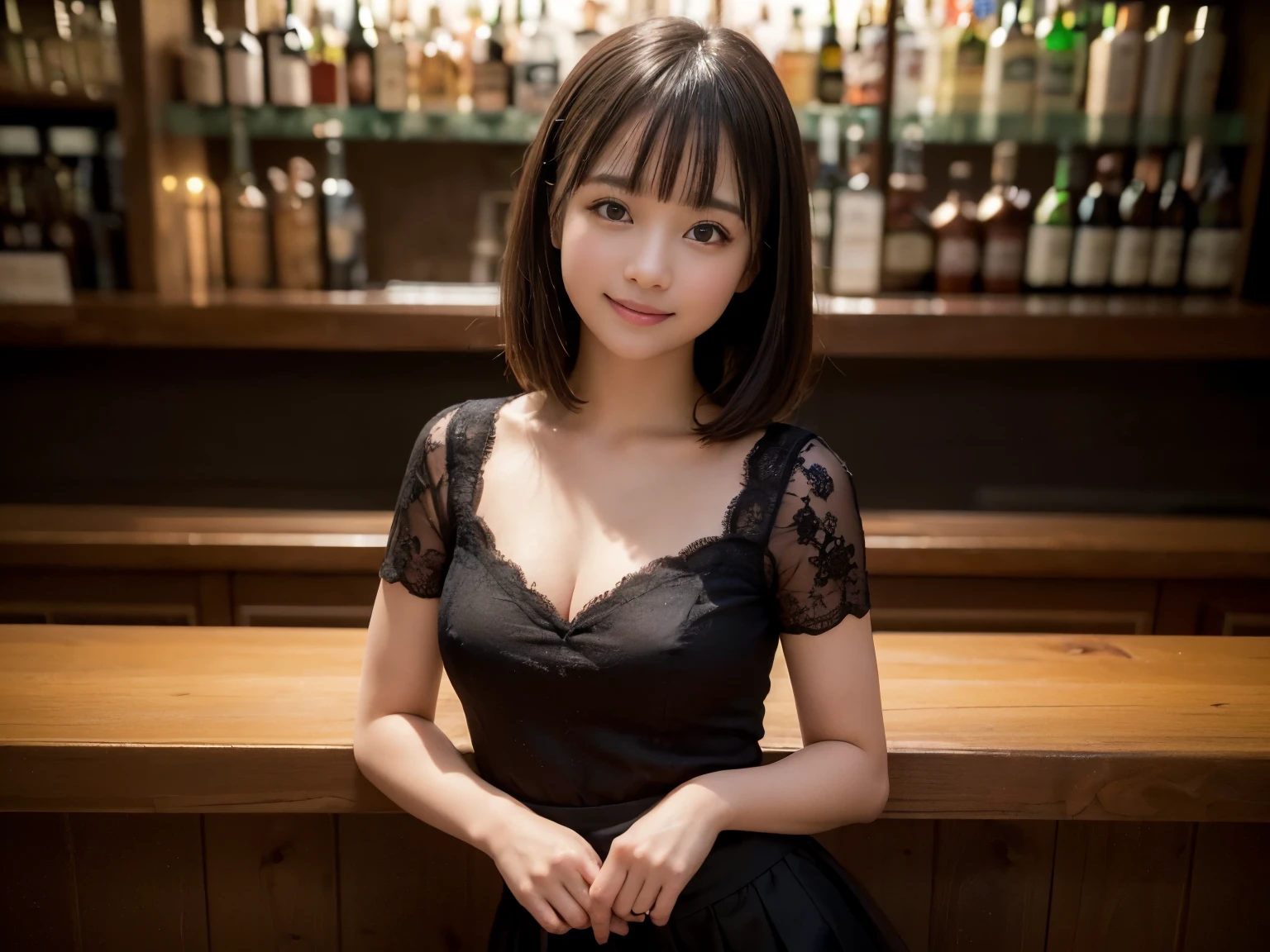 (Highest quality, masterpiece, Ultra-high resolution, 8k, RAW Photos, Realistic, Anatomically correct:1.5), (Stainless steel round bar fence:1.0, Put your elbow on the fence:1.2, high school girl、20-year-old girl:1.2, Embarrassing, avert your eyes, blush:1.0, View Viewer, ((bar)) 、Night view、 Light:1.2, Bokeh, Cinema Lighting:1.0, Depth of written boundary, sharp、 Cute face、Idol、Black short sleeve lace top、Black tulle skirt、Black clothing、”dwarf”、(Floral clothes)、Full Body Shot、Cowboy Shot、 smile、(Short Cut)、(Straight bangs)、