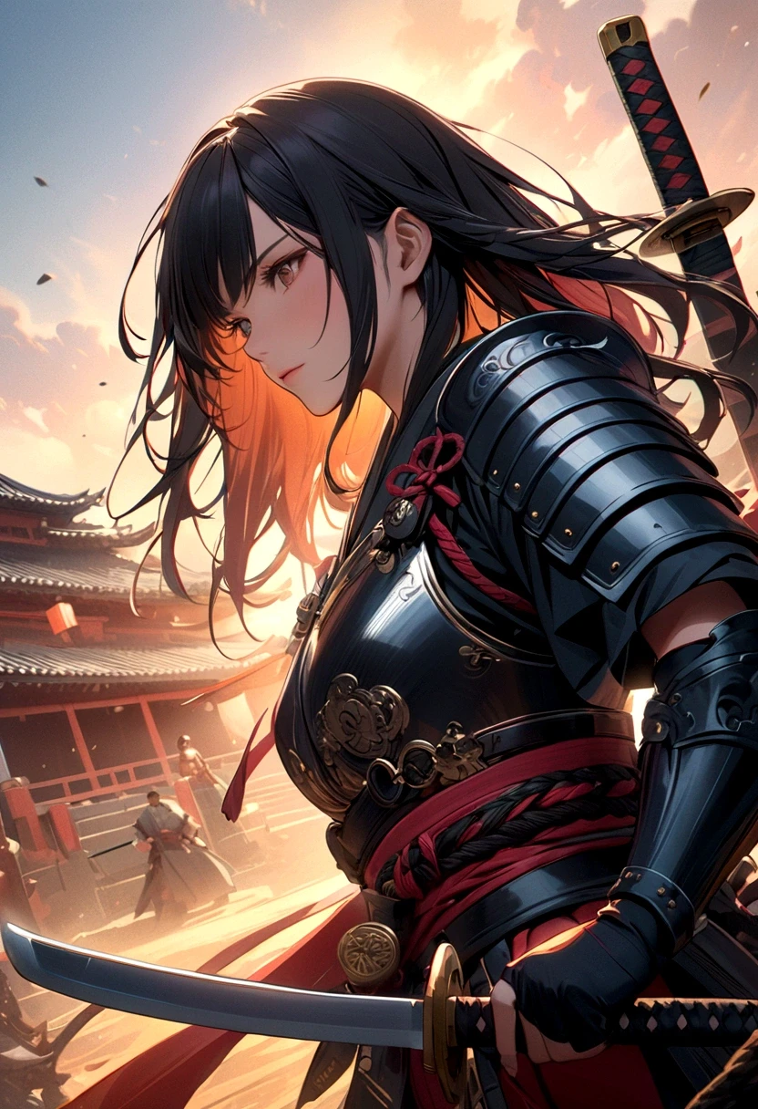 a picture of Japanese female samurai, she has long black hair, wearing samurai armor, armed with a katana, ready for battle, dynamic angle,, Japanese fantasy art, (Masterpiece: 1.5), 16k, highres, best quality, high details, ultra detailed, masterpiece, best quality, (extremely detailed), arafed, dnd art, JapaneseKatana, wtrcolor style