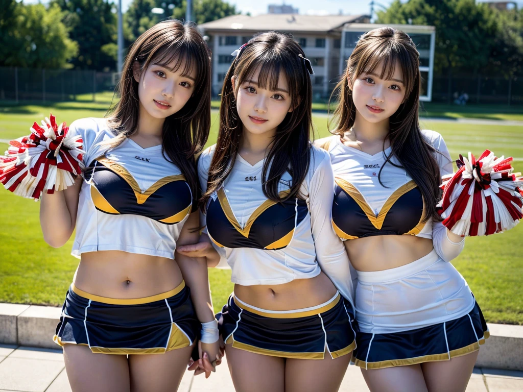 (RAW photo, 4k, masterpiece, high resolution, extremely complex) (realistic: 1.4), cinematic lighting
((2 girls, 2 schoolgirls)),blushing,((innocent)),bright eyes,round eyes,blunt bangs,(short bob hair:1.3),black hair,large ,wide hips,Summer Noon, ,Hot, (Best Quality), (Highres), (an Extremely Delicate and Beautiful),(Beautiful 8k face),(Brown eyes),( spectators),(gigantic breasts with each other,Touching each other's bodies,Touching the body),(cheer girl:1.5),(a miniskirt),(reality),bright lighting,(The background is a luxury hotel room)