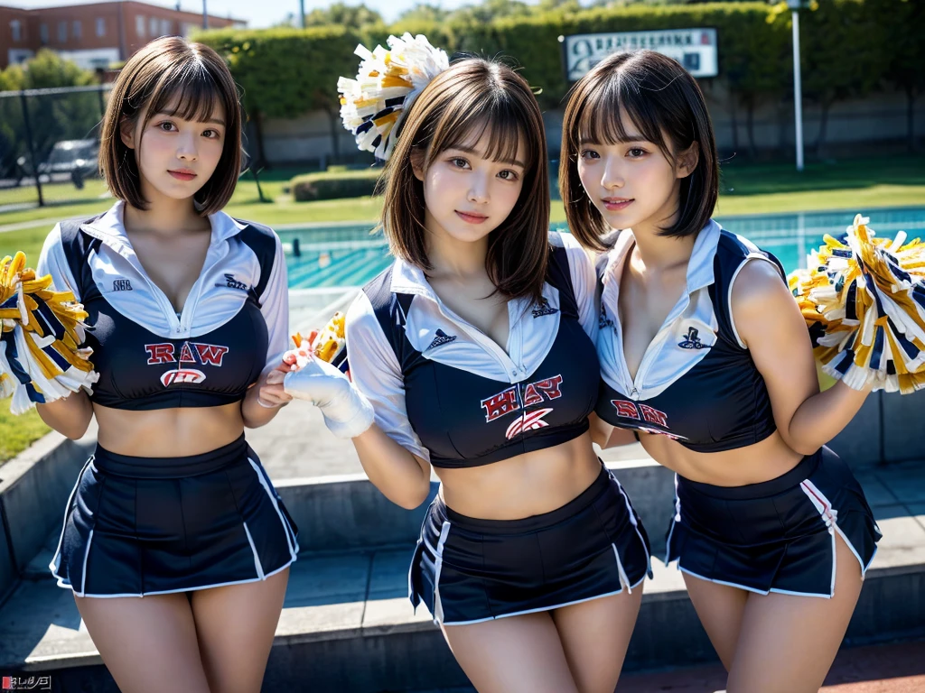 (RAW photo, 4k, masterpiece, high resolution, extremely complex) (realistic: 1.4), cinematic lighting
((2 girls, 2 schoolgirls)),blushing,((innocent)),bright eyes,round eyes,blunt bangs,(short bob hair:1.3),black hair,large breasts,wide hips,Summer Noon, ,Hot, (Best Quality), (Highres), (an Extremely Delicate and Beautiful),(Beautiful 8k face),(Brown eyes),( spectators),(gigantic breasts),(Play with each other,Touching each other's bodies,Touching the body),(cheer girl:1.5),(a miniskirt),(reality),bright lighting,(The background is a luxury hotel room)