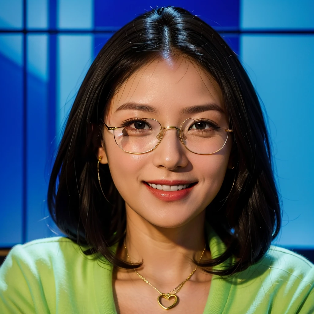 head portrait，close up photo, Lady Lady，A young woman smiling heartily，Black single ponytail，Gold wire round frame glasses，High neck black sweater