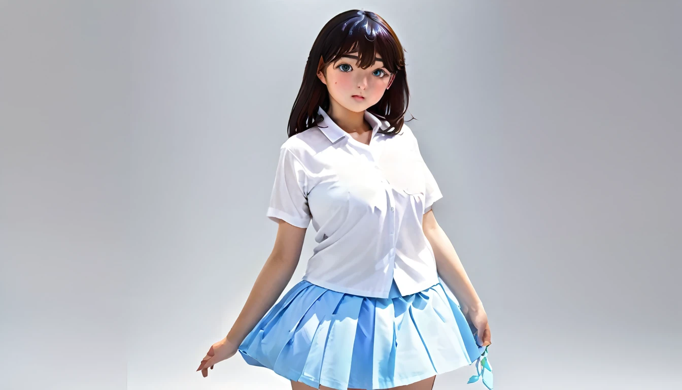 high quality, 4K, In frame, Close-up portrait of a dark-haired woman in a white shirt and light blue skirt, Photorealistic anime girl rendering, Cute 3D Anime Girl Rendering, April Rendering, Anime VTuber Full Body Model, Full body fairy, Live2D Virtual Youtuber Model, Smooth anime CG art, Realistic portrait full body realistic anime 3D style, photorealistic full body