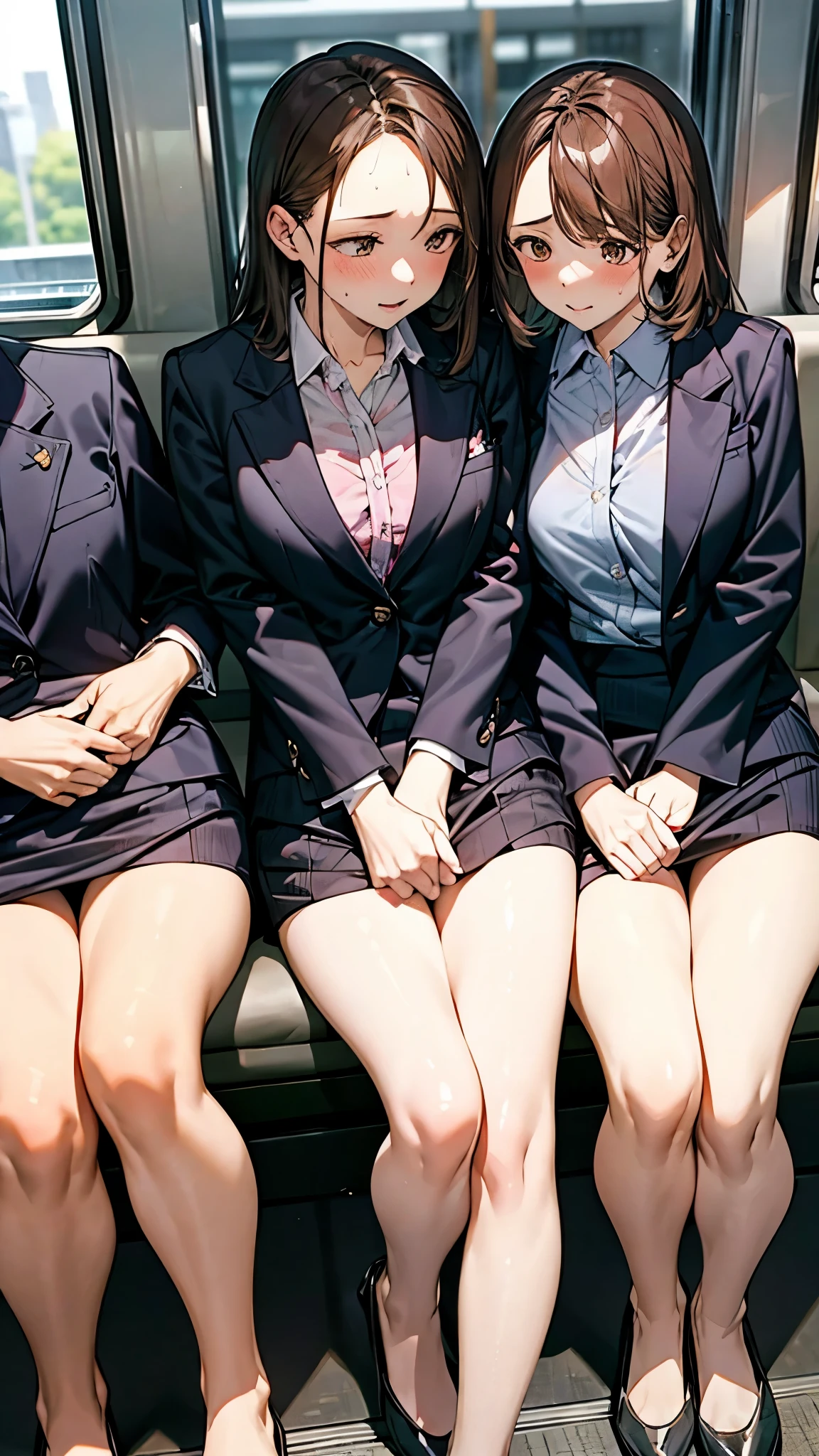 Three women sitting across from each other on the train, beautiful legs, legs crossed, enjoying lively conversation, dressed in tailored suits and tight skirts. Outside the window is the setting sun and the Tokyo office district, and the girls have sweat on their foreheads from the summer heat. Through the gap between their beautiful legs