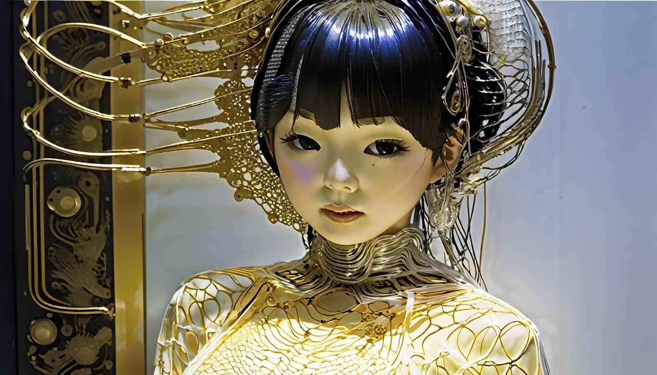 Portrait photo of a Japanese female android in her mid-twenties made of white and silver transparent glass and plastic, Geisha Makeup, black hairstyle, Silver and gold metal internals, Dynamic pose, Flowing organic structure, Detailed engraving, Lace knitting designs, Shiny gold circuit, colorful Neon Trim, Detailed engraving, Lace knitting designs, Glowing Circuit, Neon Trim, art：H.r. Giger, Greg rutowski