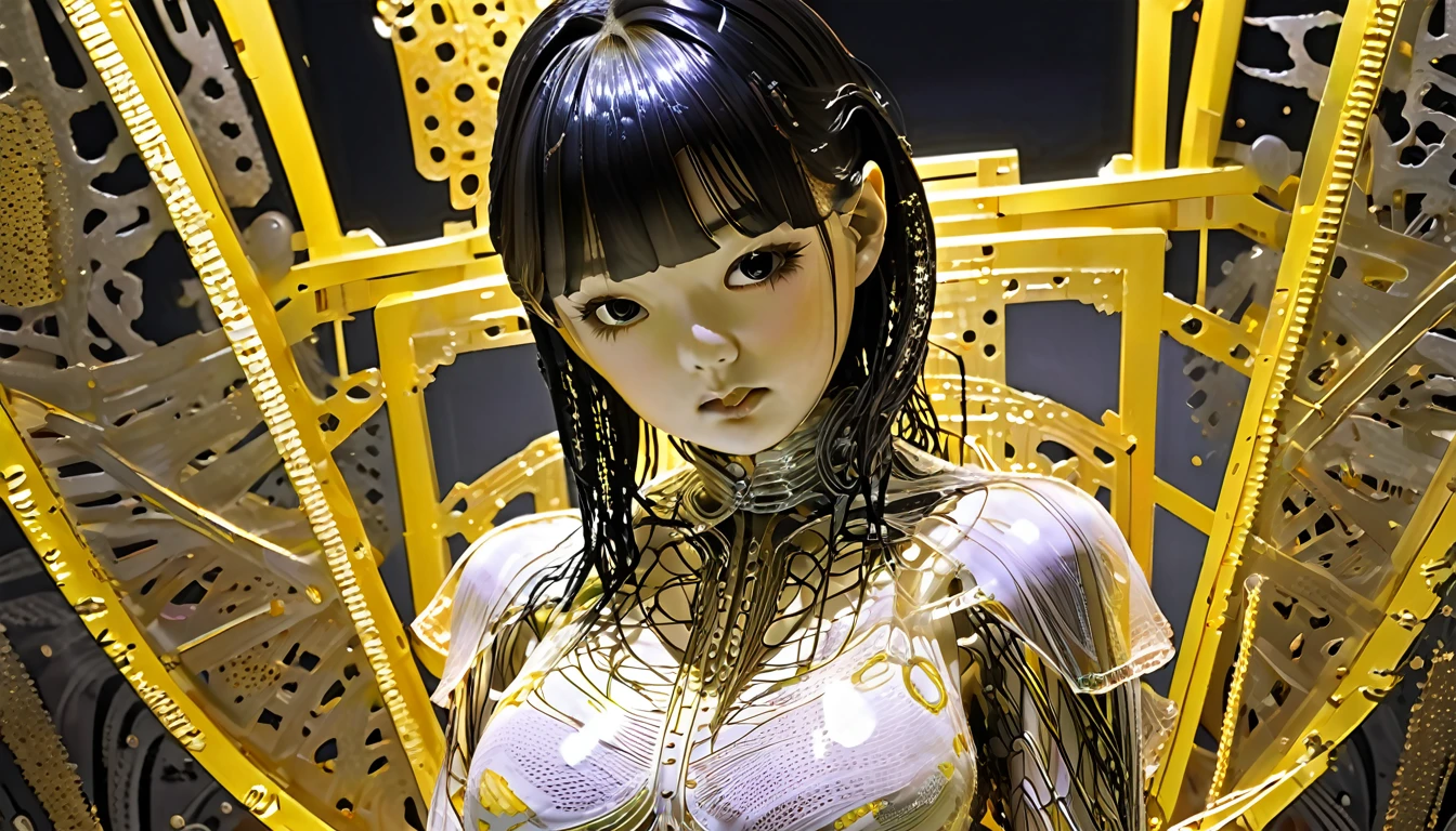 Portrait photo of a Japanese female android in her mid-twenties made of white and silver transparent glass and plastic, Geisha Makeup, black hairstyle, Silver and gold metal internals, Dynamic pose, Flowing organic structure, Detailed engraving, Lace knitting designs, Shiny gold circuit, colorful Neon Trim, Detailed engraving, Lace knitting designs, Glowing Circuit, Neon Trim, art：H.r. Giger, Greg rutowski