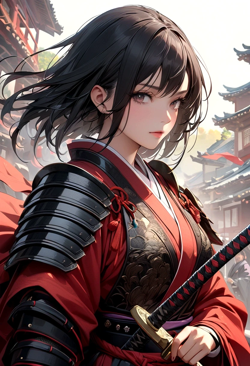 a picture of Japanese female samurai, she has long black hair, wearing samurai armor, armed with a katana, ready for battle, dynamic angle,, Japanese fantasy art, (Masterpiece: 1.5), 16k, highres, best quality, high details, ultra detailed, masterpiece, best quality, (extremely detailed), arafed, dnd art, JapaneseKatana, wtrcolor style