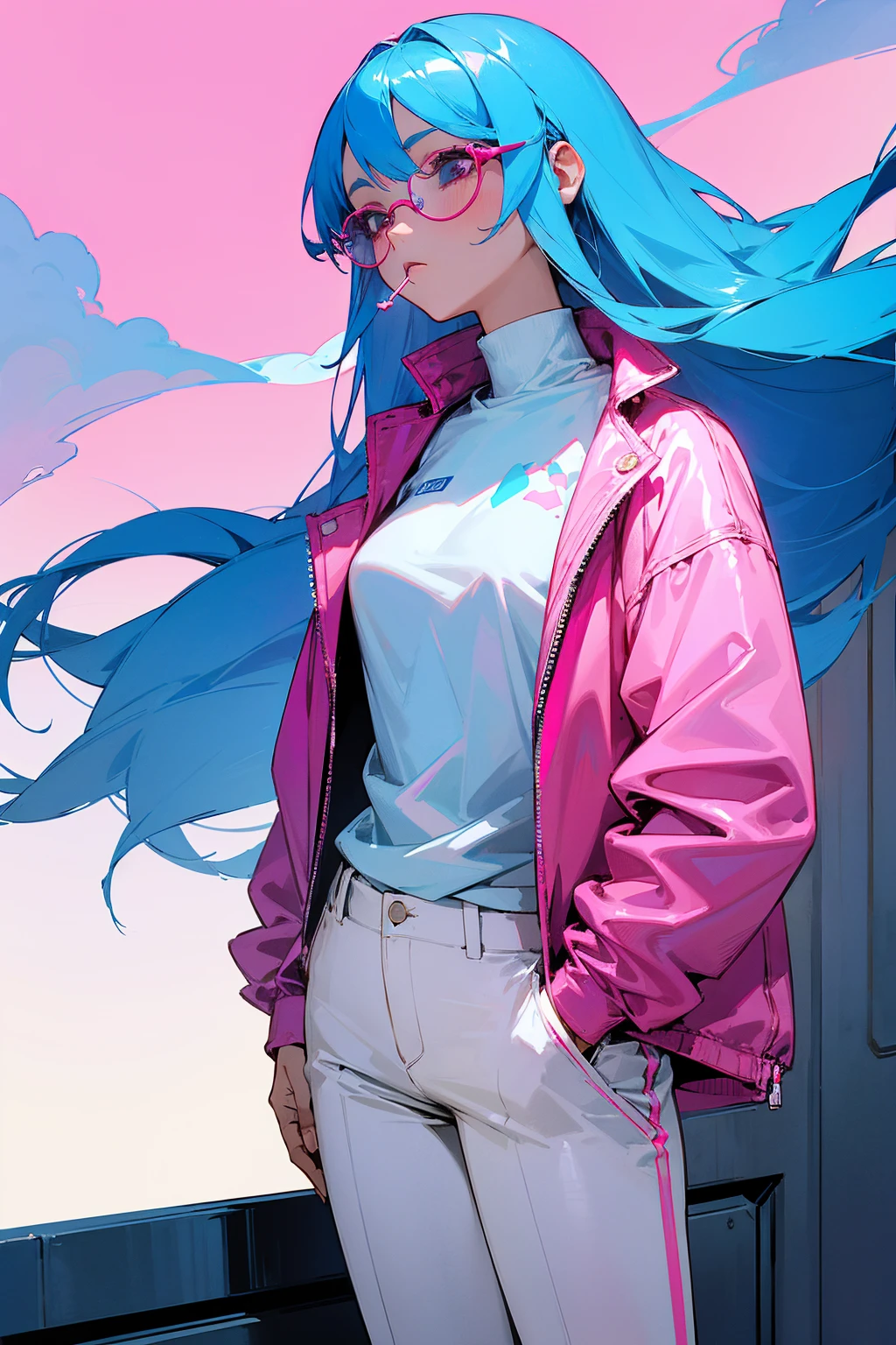 1female, sky blue hair, straight hair, pink glasses, expressionless, blowing smoke, blaggy pink jacket, white shirt, white pants, city background, detailed background, hands to side, standing on path