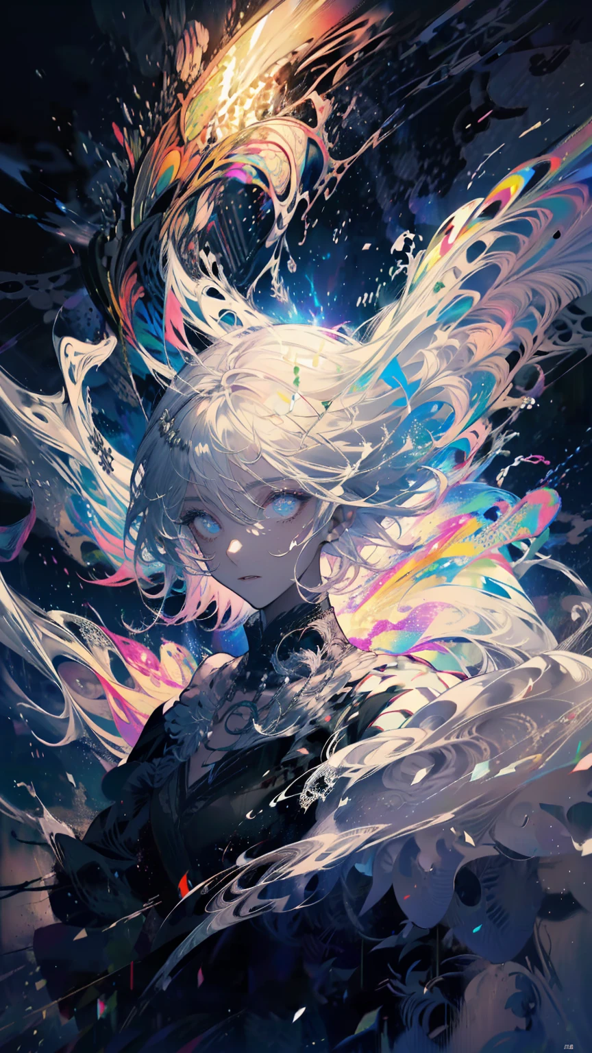 White Hair,Hairstyle is long straight,White eyelashes,White Eyes,Black long shirt,Wrapping smoke around the body,Dark atmosphere,fantastic sphere,Realistic depiction of clothing,Highest quality,Delicate depiction,A hazy world,Blank look,Collapsing Angel Halo,Angel Wings,art paint,Background is dark acrylic gouache,Waist Up,Smoke from the body,A fleeting expression