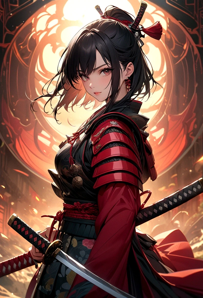 a picture of Japanese female samurai, she has long black hair, wearing samurai armor, armed with a katana, ready for battle, dynamic angle,, Japanese fantasy art, (Masterpiece: 1.5), 16k, highres, best quality, high details, ultra detailed, masterpiece, best quality, (extremely detailed), arafed, dnd art, JapaneseKatana, wtrcolor style