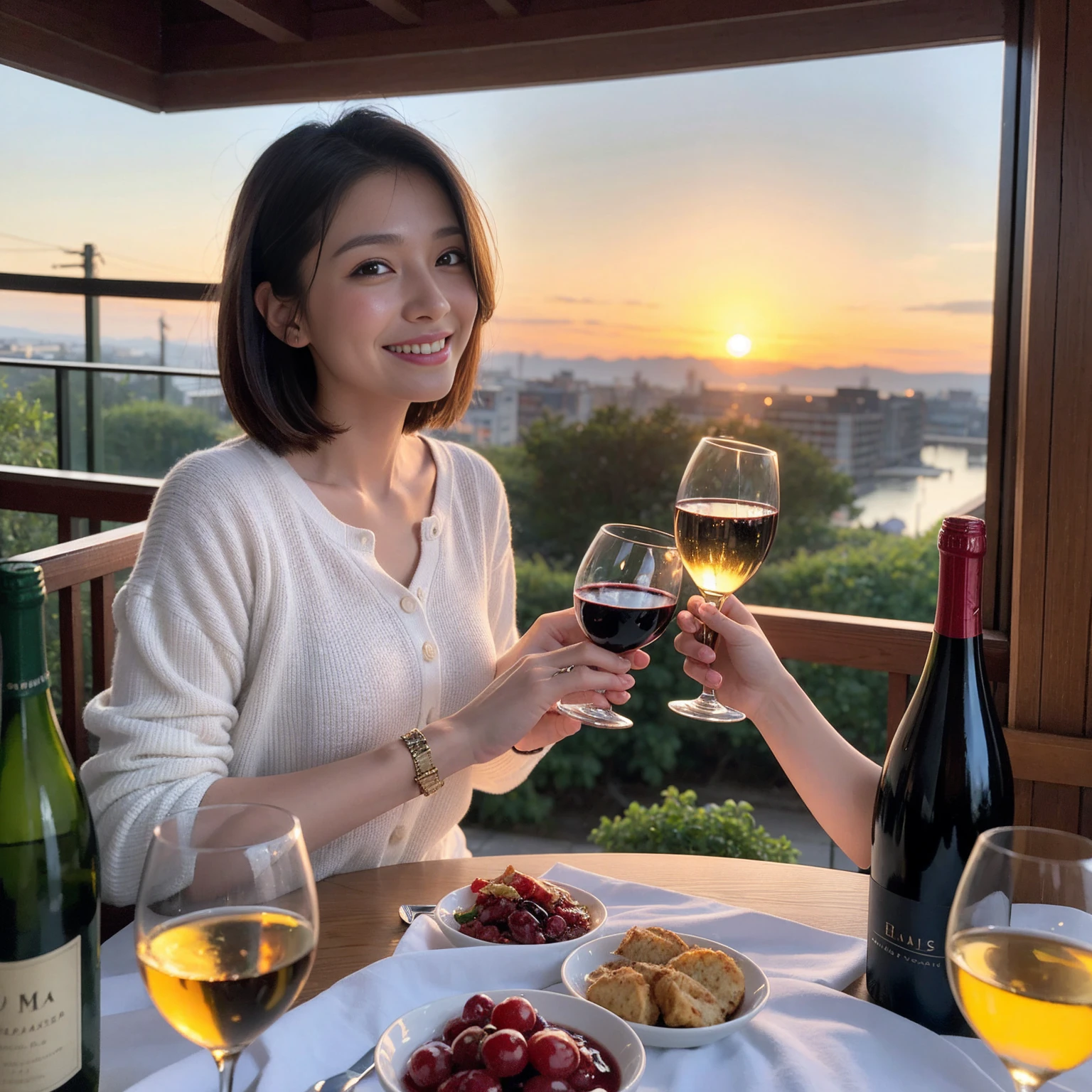 ((Highest quality、8k、masterpiece:1.3))、 (Genuineistic, Genuine、Bright image、Intricate details:1.2), Best smile 1 man 1 woman、Beautiful Couple、spouse、Couple、spouse、Beautiful Couple、Smile、A full-course dinner with a full table、テーブルにwine glass、 (Slim face), (The body is slim), (Brown Hair), (short hair), Please shine a light on my face、 Amazing view of the sunset sky and clouds、 (age 34), 39 years old, red wine 、Wine bottle、sparkling wine、Long sleeve shirt、dress、White wine, red wine, wine glass,
