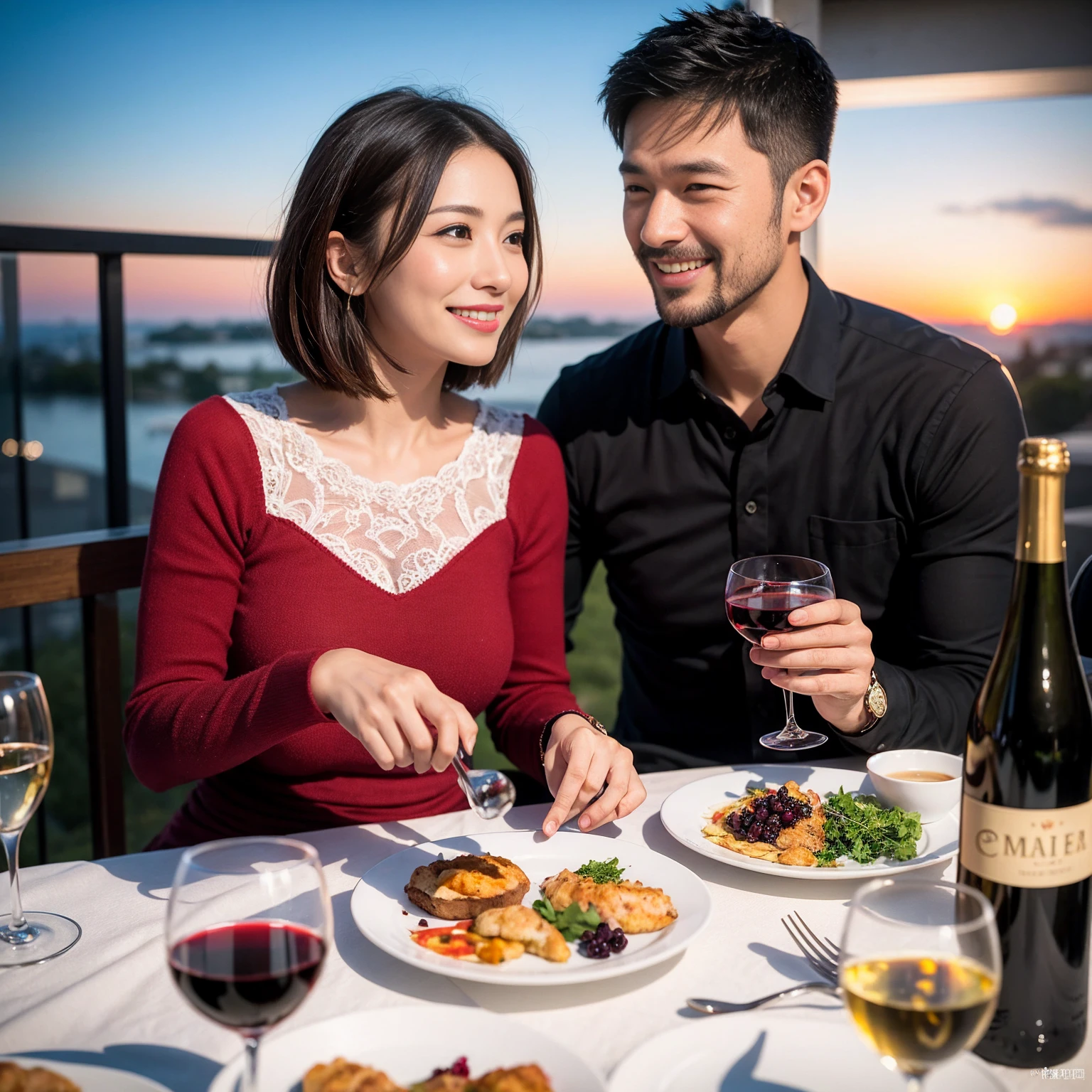 ((Highest quality、8k、masterpiece:1.3))、 (Genuineistic, Genuine、Bright image、Intricate details:1.2), Best smile 1 man 1 woman、Beautiful Couple、spouse、Couple、spouse、Beautiful Couple、Smile、A full-course dinner with a full table、テーブルにwine glass、 (Slim face), (The body is slim), (Brown Hair), (short hair), Please shine a light on my face、 Amazing view of the sunset sky and clouds、 (age 34), 39 years old, red wine 、Wine bottle、sparkling wine、Long sleeve shirt、dress、White wine, red wine, wine glass, 