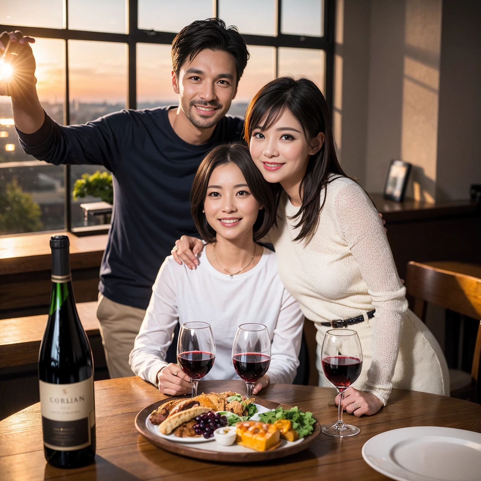 ((Highest quality、8k、masterpiece:1.3))、 (Genuineistic, Genuine、Bright image、Intricate details:1.2), Best smile 1 man 1 woman、Beautiful Couple、spouse、Couple、spouse、Beautiful Couple、Smile、A full-course dinner with a full table、テーブルにwine glass、 (Slim face), (The body is slim), (Brown Hair), (short hair), Please shine a light on my face、 Amazing view of the sunset sky and clouds、 (age 34), 39 years old, red wine 、Wine bottle、sparkling wine、Long sleeve shirt、dress、White wine, red wine, wine glass, 