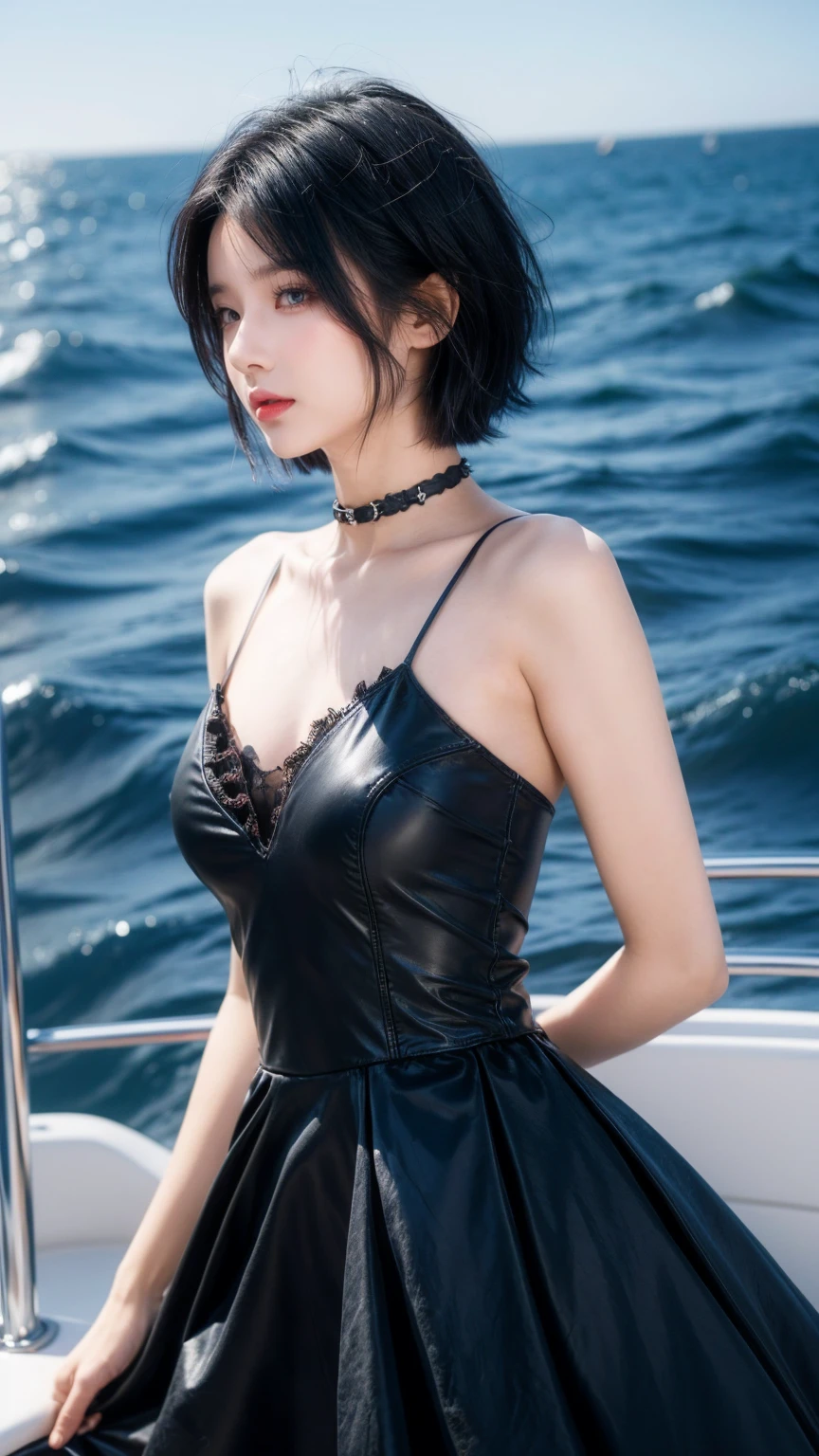 best quality, 1 Girl, dark blue hair, black eyes, Very short hair, Spiky hair, black dress luxury, 171 cm, Messy hair, Hair between the eyes, Medium breasts, full, Tomboy, aldult, 20 years old, 1 Girl with yatch black luxury at the sea