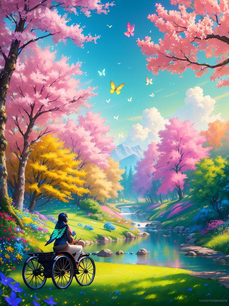 masterpiece, best quality, high quality, Very detailed cg unity 8k wallpaper, An extremely colorful and pure fantasy environment,Vibrant hues and bright skies, Bright green grass landscape, colorful trees, Sparkling fruit, and bright blue flowers. The stream is dark blue, The air is filled with a sweet exotic scent. The environment seems to have come out of a dream., Glowing butterflies and colorful birds flying around, Award-winning photography, Bokeh, Depth of Field, high dynamic range, Bloom, Chromatic Aberration ,Realistic,Very detailed, Hot topics on artstation, cgsocial trends, Wheels within wheels, high detail, Dramatic, midjourney's Artwork