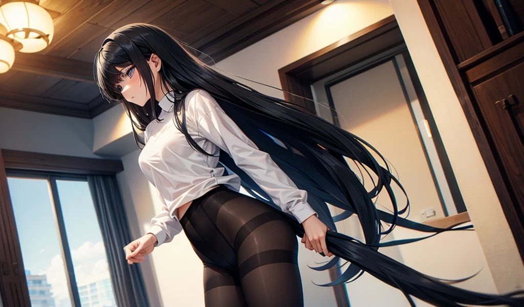 Black long straight hair woman，shirt tops，，underwear，pantyhose，Standing，indoor