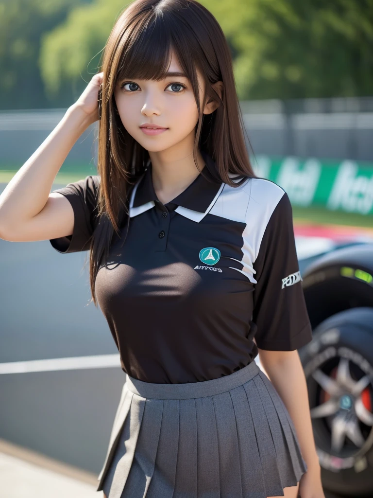 (8k, RAW Photos, Highest quality, masterpiece:1.2), (Realistic, photo-Realistic:1.4), (Highly detailed 8K wallpapers), ((Full Body Shot)), (1 girl), Sharp focus, Depth of written boundary, Cinematic lighting, Soft Light, 緻密な美しさのeye, eye_Chan, Very beautiful 17 year old girl, innocent big eyes, Realistic, photo Realistic, Highly detailed cute girl, (Thin thighs), (Model Body Type), 18-year-old, (((F1 Mercedes-AMG Petronas Formula One Team Polo Shirt))), ((Micro Mini Pleated Skirt)), (((Fold your arms in front of your chest and act arrogantly))), ((A happy smile)), Parted lips, Watching the audience, (At the Nurburgring circuit) , (Brown Hair),(Long Bob Hair), (Asymmetrical bangs)