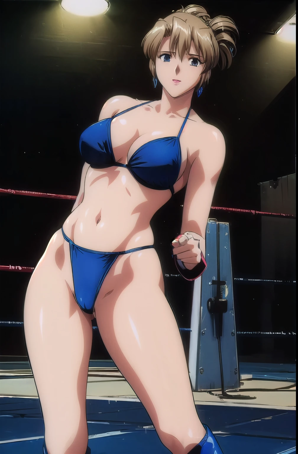 masterpiece, best quality, 1girl, looking at viewer, focus on face, medium height, ultra detailed, cowboy shot, (very big head), folded ponytail, wrestler, wrestling ring, bright image, ((blue bikini, blue long boots, blue thong)), hot colors, lip stick, smile, big breasts, cleavage, white skin, lights, high brightness, wide hips, hip lines, closed fists, groin lines, fully standing