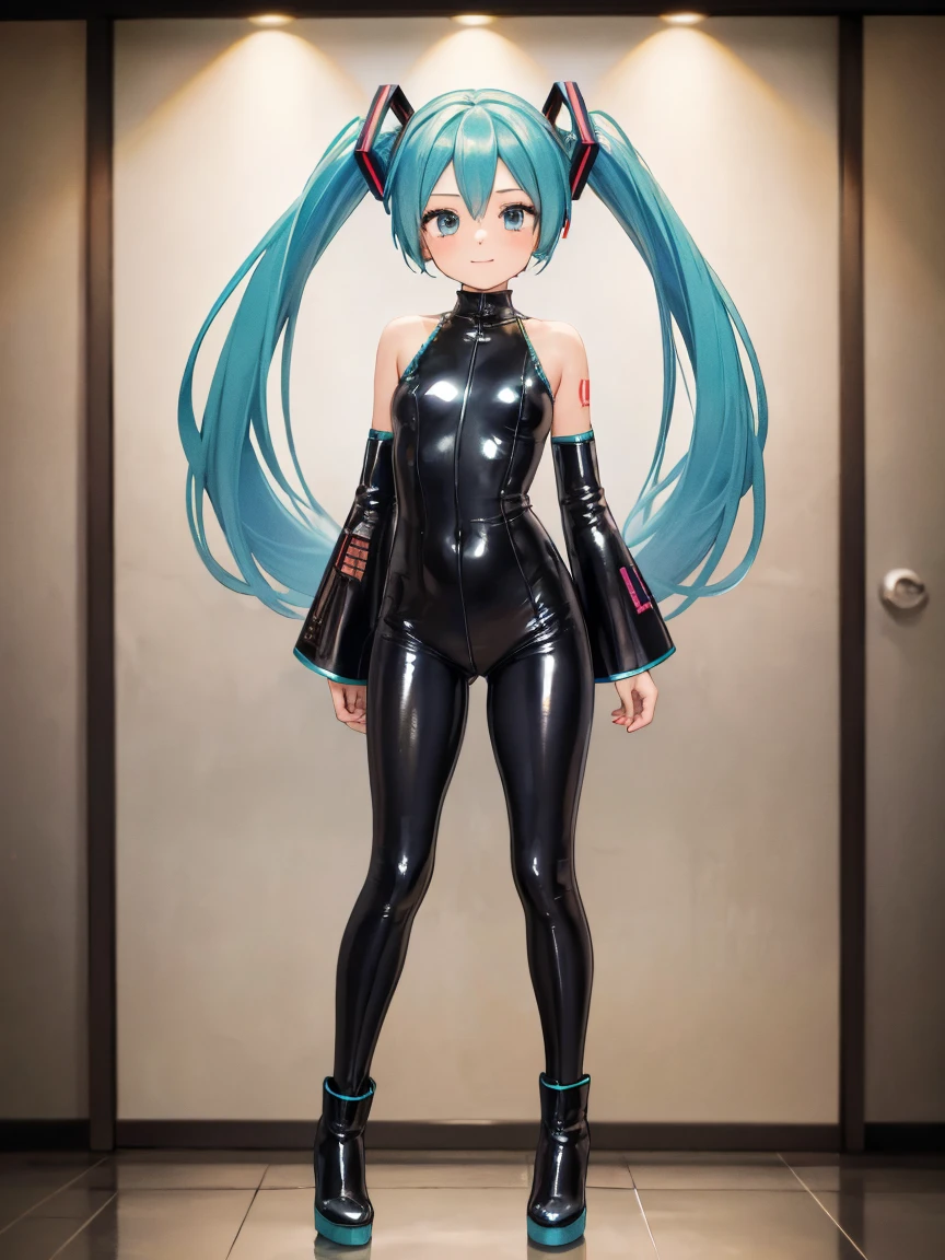 ((Top quality)), ((Masterpiece)), ((best quality:1.2,)), ((Hatsune Miku)), (Shiny latex full body suit), ((Shiny latex boots, Shiny pantyhose)), 