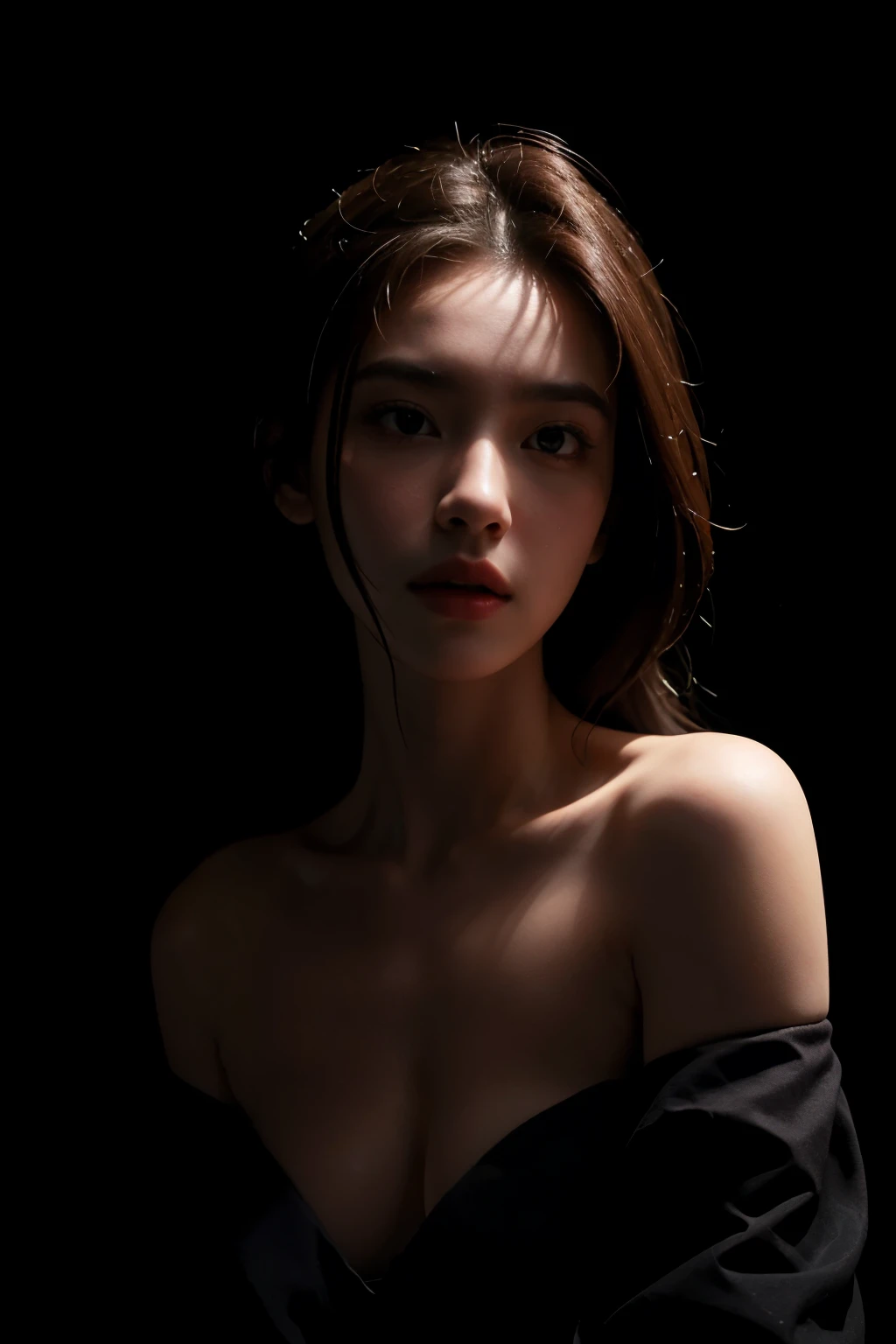 Best quality, masterpiece, ultra high res, (photorealistic:1.4), raw photo, 1girl, offshoulder, in the dark, deep shadow, low key, cold light