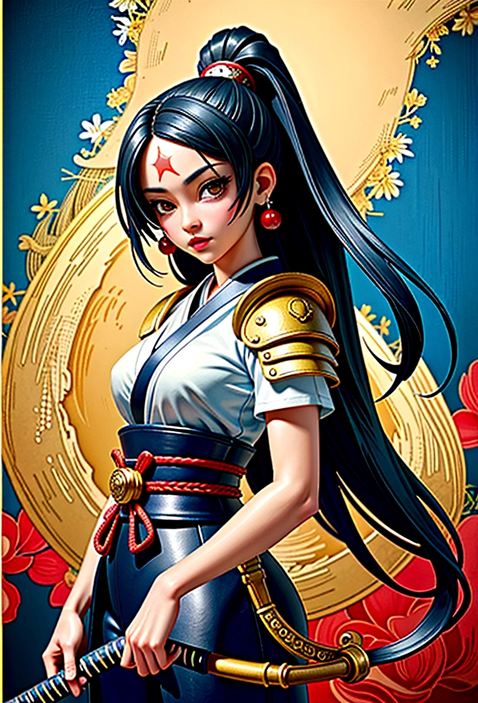 a picture of Japanese female samurai, she has long black hair, wearing samurai armor, armed with a katana, ready for battle, dynamic angle,, Japanese fantasy art, (Masterpiece: 1.5), 16k, highres, best quality, high details, ultra detailed, masterpiece, best quality, (extremely detailed), arafed, dnd art, JapaneseKatana, wtrcolor style