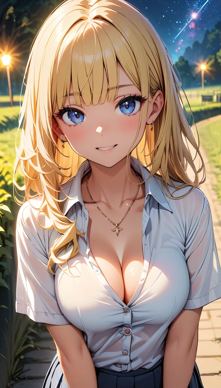 ((Top Quality)), ((Masterpiece)), (Detail), high resolution, Perfect Face, Fine Eyes, Depth of Field, Special Shading, Cinematic lighting, upper body, (1 Beautiful girl), medium breasts, cleavage, (blonde hair, long hair, blunt bangs), (school uniform), dress shirt, pleated skirt, necklace, Scenery of the countryside, Starry sky at night