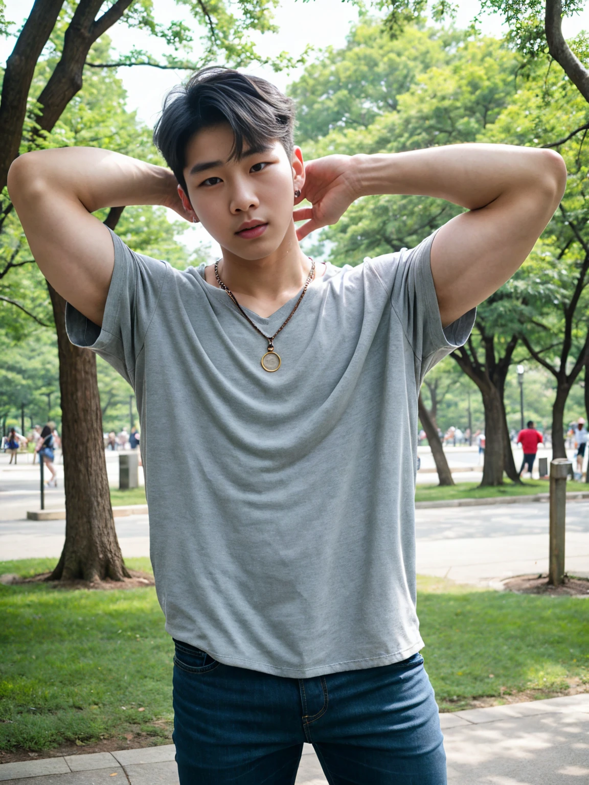 Realistic​ photography​ of a​​​​ korean cute boy​, 25 ages​​​ , wearing​ shirt, thin​ necklace​, at​ park,movement pose cool