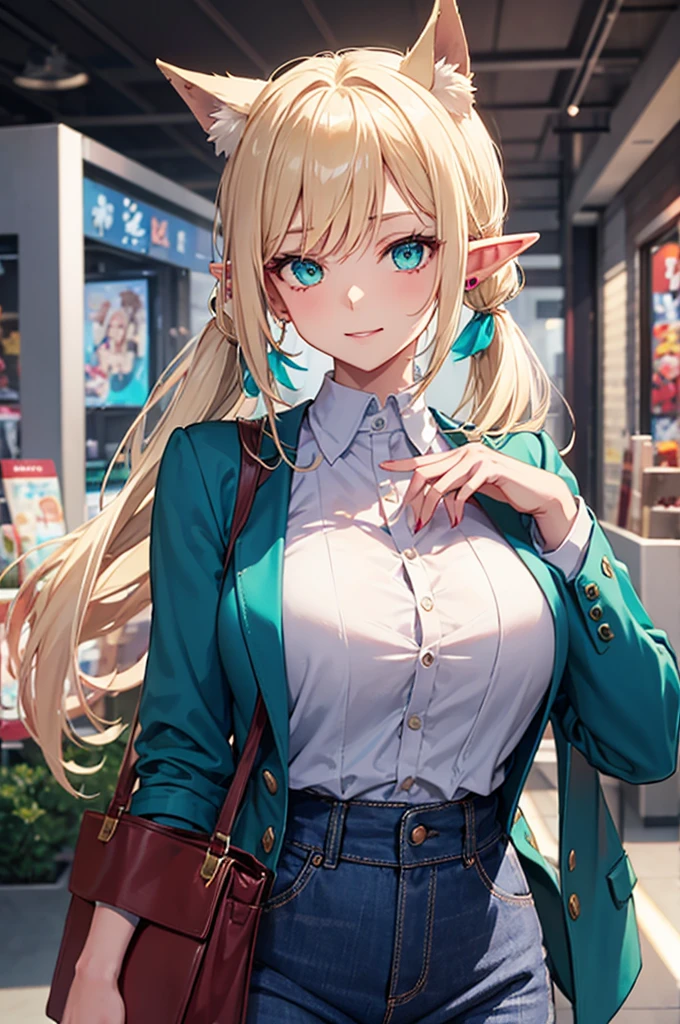 japanese cartoon movies. cover magazine. upper body. reply. Casual clothing. Elf woman with long platinum blonde hair in pigtails and turquoise eyes. Her ears are long and pointed, typical of an elf.. she wears Modern clothes of the current era. She has a big chest and gives off the aura of a mature career woman... Modern clothes. laugh. A modern sweater or blazer or jacket. upper body, reply potrait. mom
