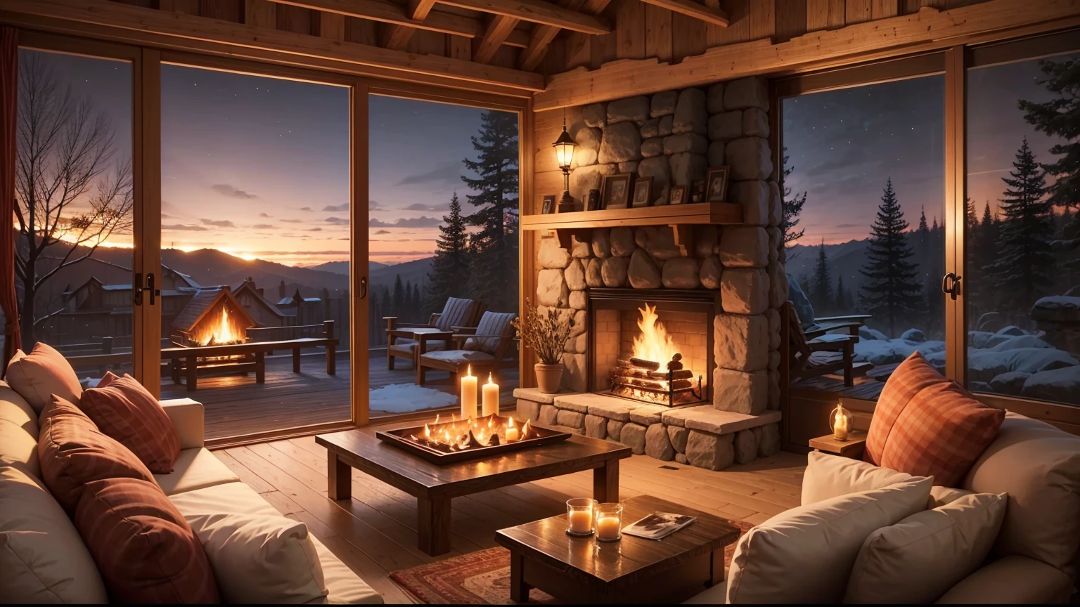 Cartoon background of wooden house living room, This night outside](Comfortable atmosphere), (Soft lighting), Bright fire in stone fireplace, This is the best night, Transparent glass window