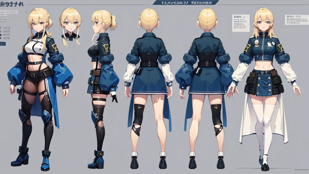 police girl ,blonde hair,blue eye,character design sheet, character turnaround, character in different poses