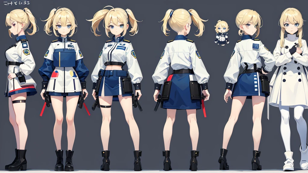 police girl ,blonde hair,blue eye,character design sheet, character turnaround, character in different poses