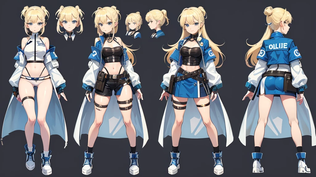 police girl ,blonde hair,blue eye,character design sheet, character turnaround, character in different poses