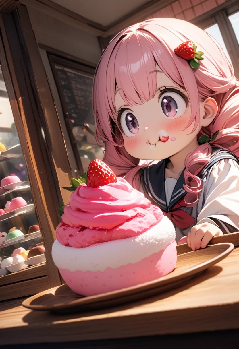 (8K, best quality, master piece: 1.2), super high resolution,1girl,8yo,ultra-detailed face, detailed eyes,Droopy eyes,very long twintails,pink hair,curly hair,strawberry decoration hair accessories,pink eyes, small girl of small stature,cute,strawberry decoration pink ロリータファッション,((eating a Strawberry topping Daifuku mochi)),happy,Dutch Angle,Rim Light,There is a table in front of her,There is a display window with a selection of Japanese sweets.,Inside the café